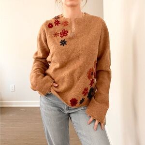 Smart Set Floral Embroidered Brown V-Neck Sweater
